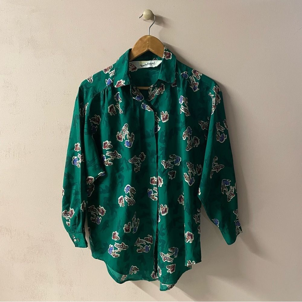 Vtg. Diane Von Furstenberg Hunter Green Hula Girl Buttoned Top EUC Size S
